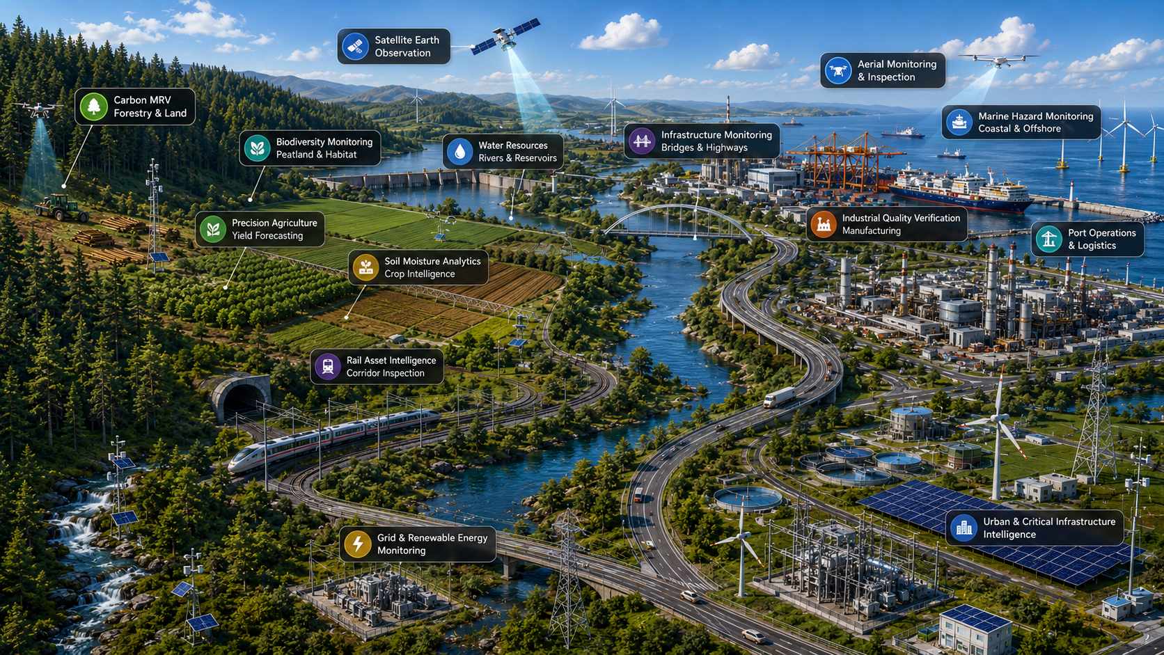 Connected operational environment showing forestry, agriculture, infrastructure, industry, energy, transport and marine monitoring solution hotspots.